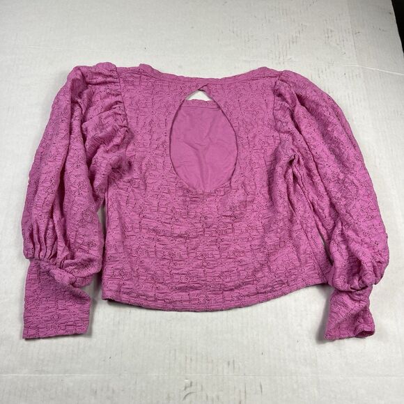 Free People Tea Time Blouse Pink Lace Open Back Boho Romantic Puff Sleeve Large - Picture 1 of 10